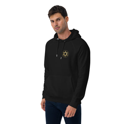 Man wearing a black hoodie with a logo on a white background