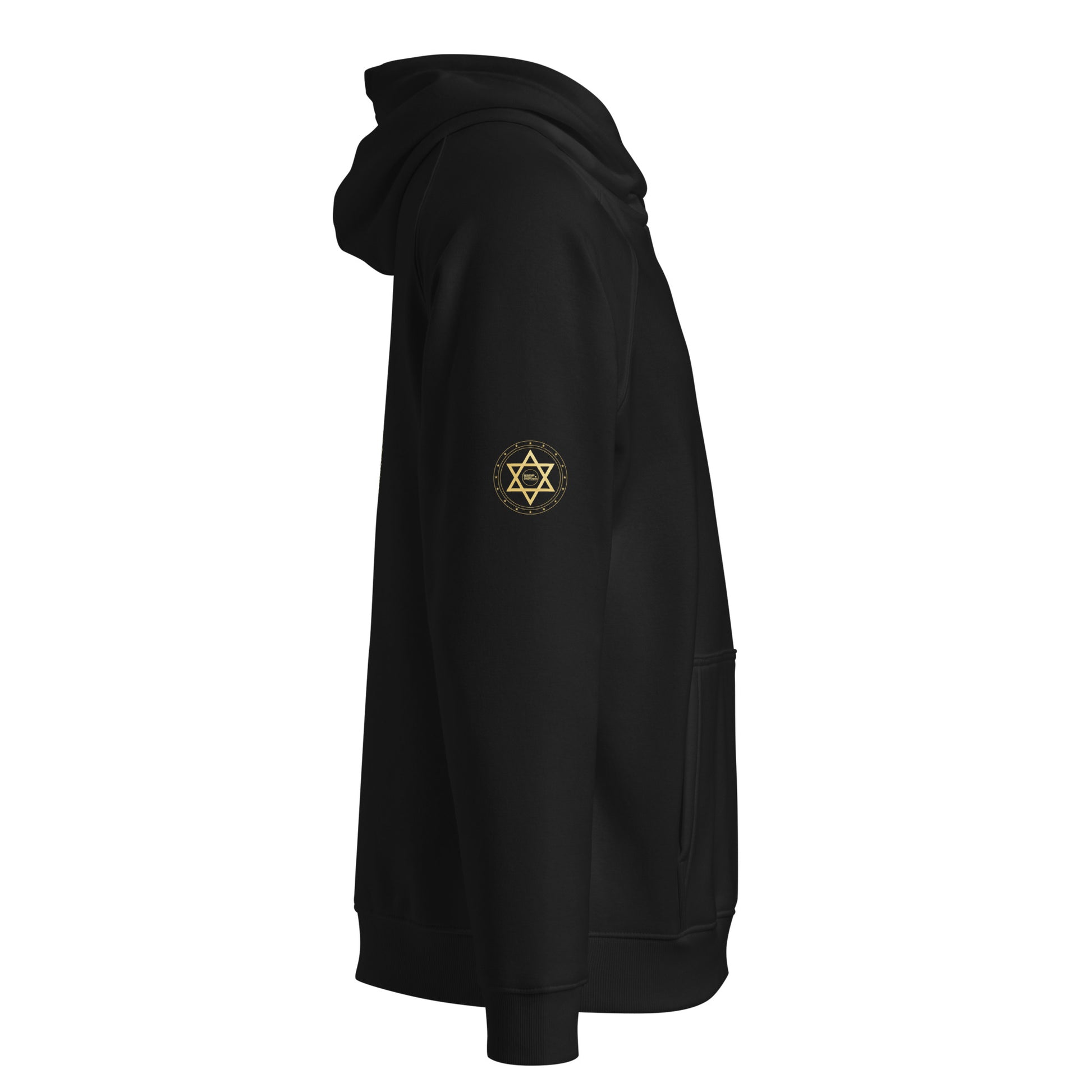 Black hoodie with a Black hoodie with a Gold geometric sacred geometry symbol 