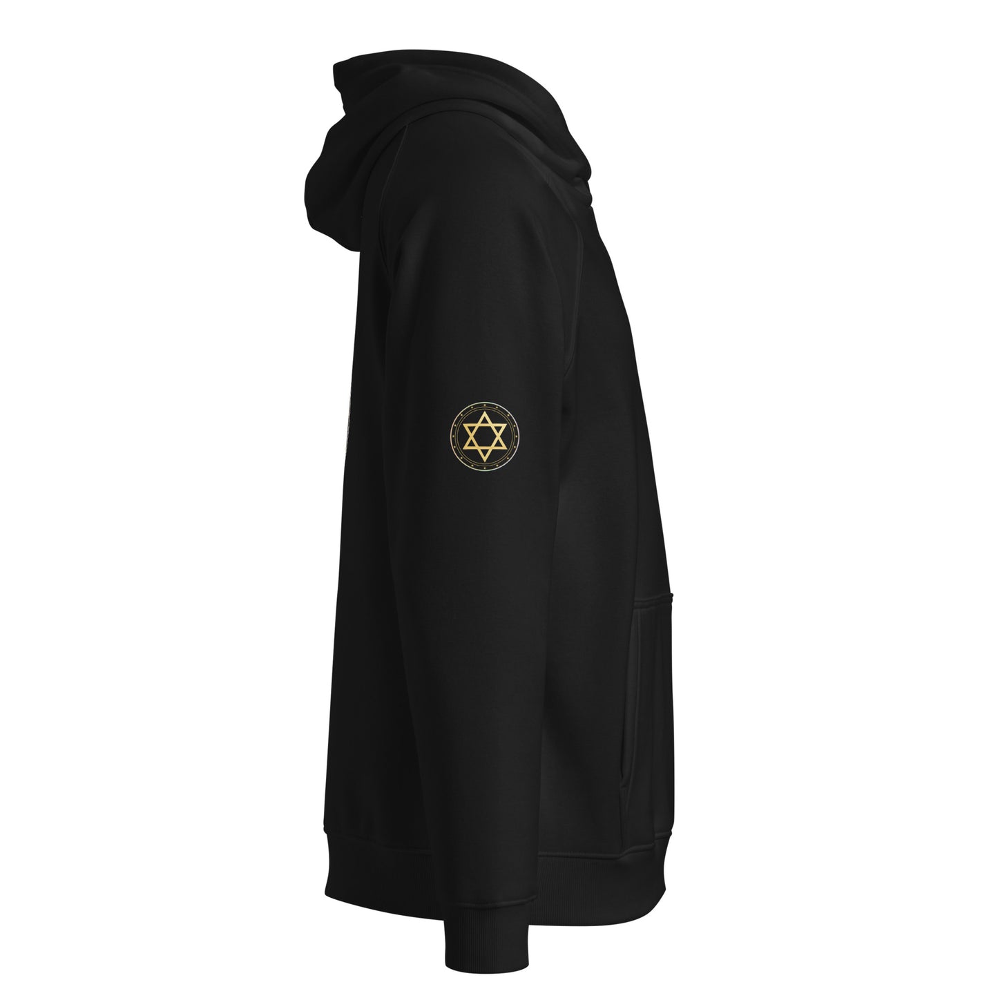 Black hoodie with a gold Star of David emblem on the sleeve against a white background