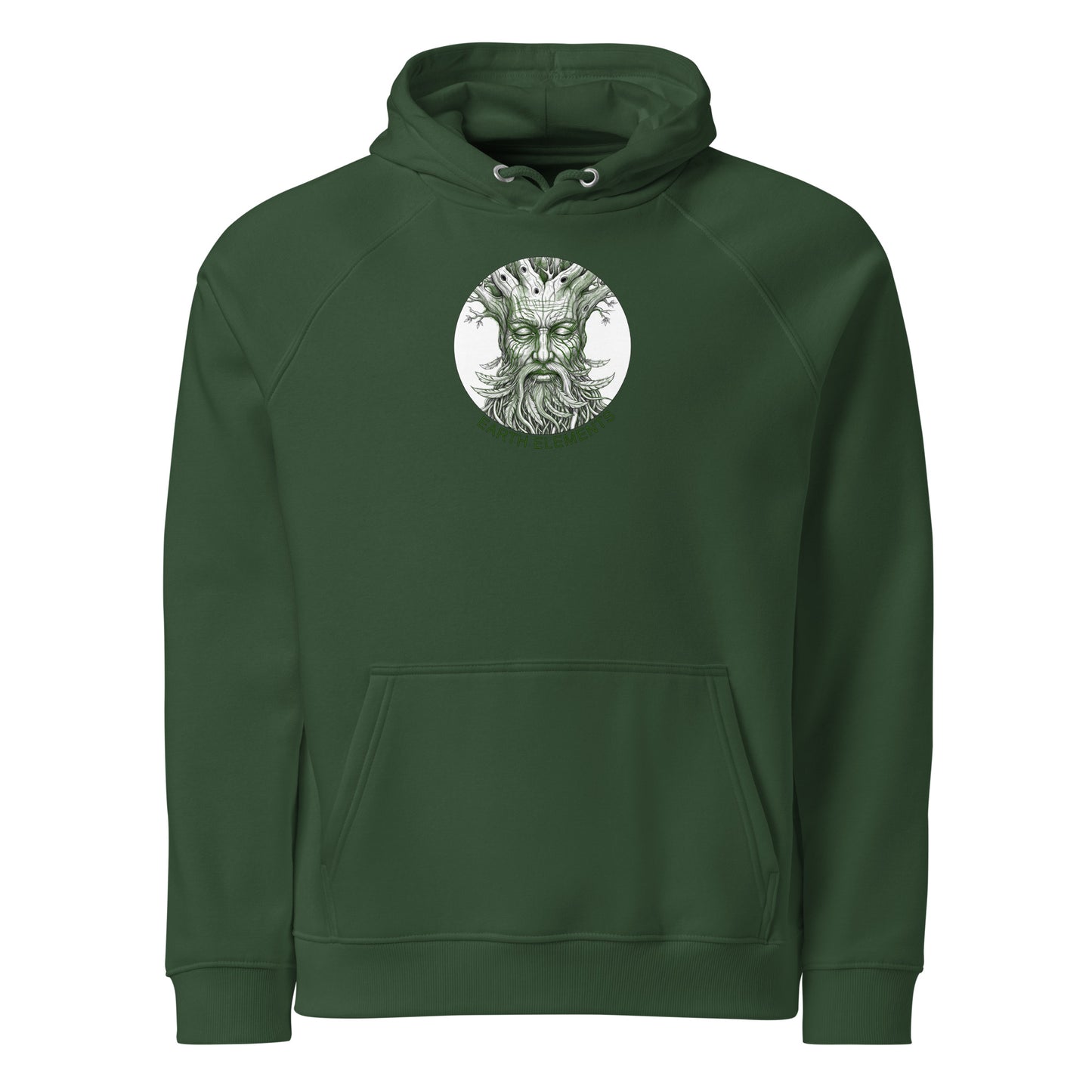 Green hoodie with a circular emblem featuring a face design on a white background