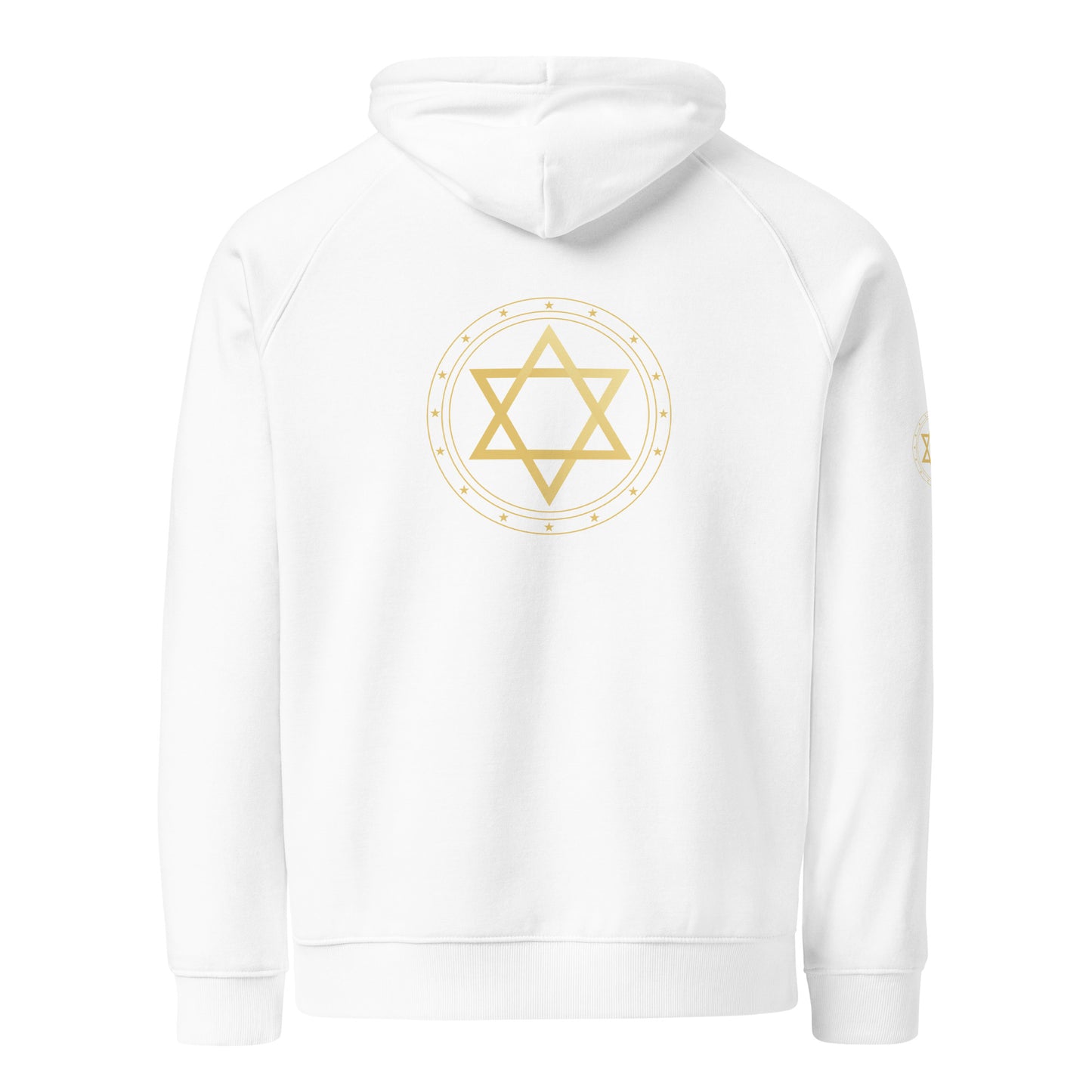 White hoodie with a gold Star of David symbol on the back against a white background