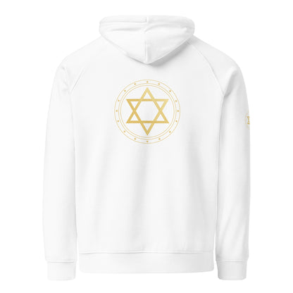 White hoodie with a gold Star of David symbol on the back against a white background
