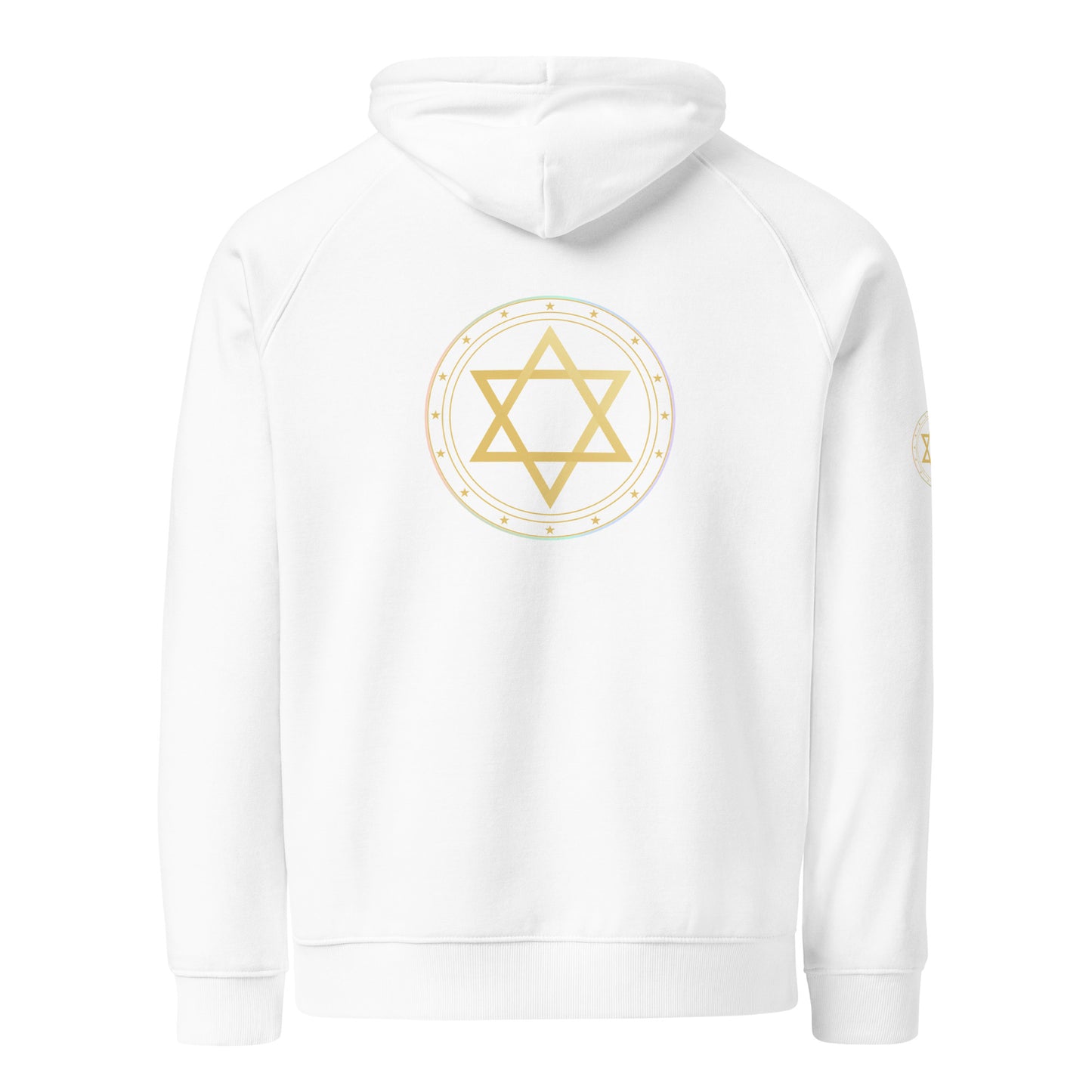White hoodie with a White hoodie with Gold sacred geometry on Black hoodie with a featuring 5 elements symbols: Earth, Fire, Water Air, and Aether. Spiritual protection and intuition catalyst design. on a white background. on the back against a white background