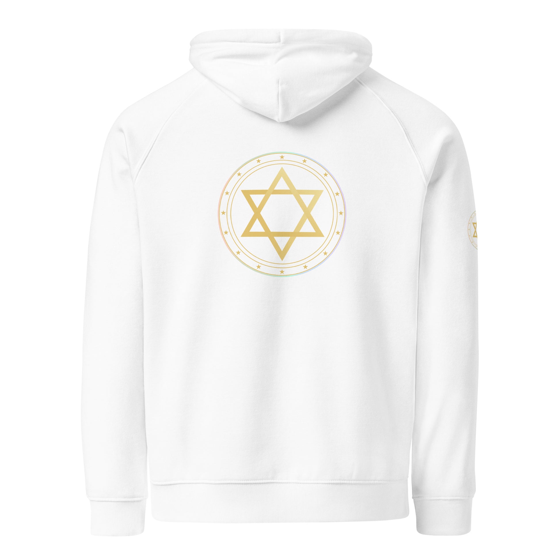 White hoodie with a White hoodie with Gold sacred geometry on Black hoodie with a featuring 5 elements symbols: Earth, Fire, Water Air, and Aether. Spiritual protection and intuition catalyst design. on a white background. on the back against a white background