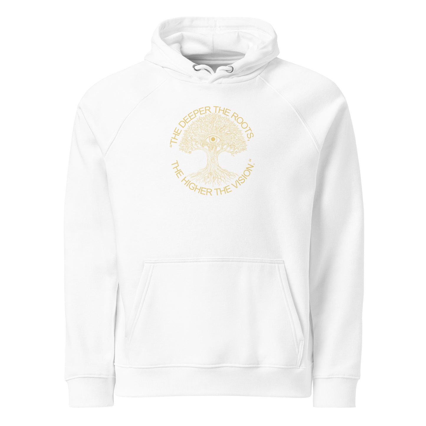 White hoodie with gold tree design and text on a white background