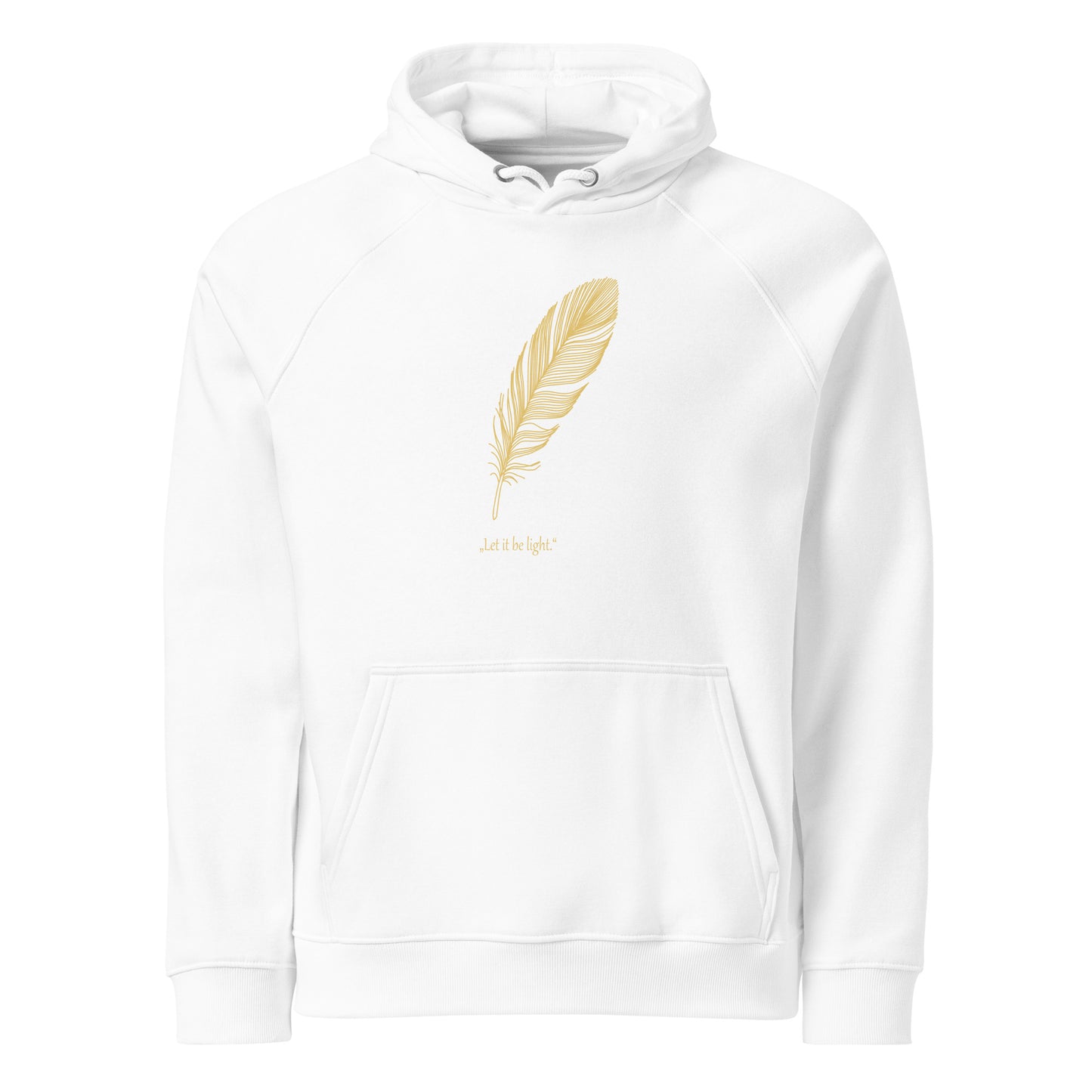 White hoodie with a gold feather design on a white background