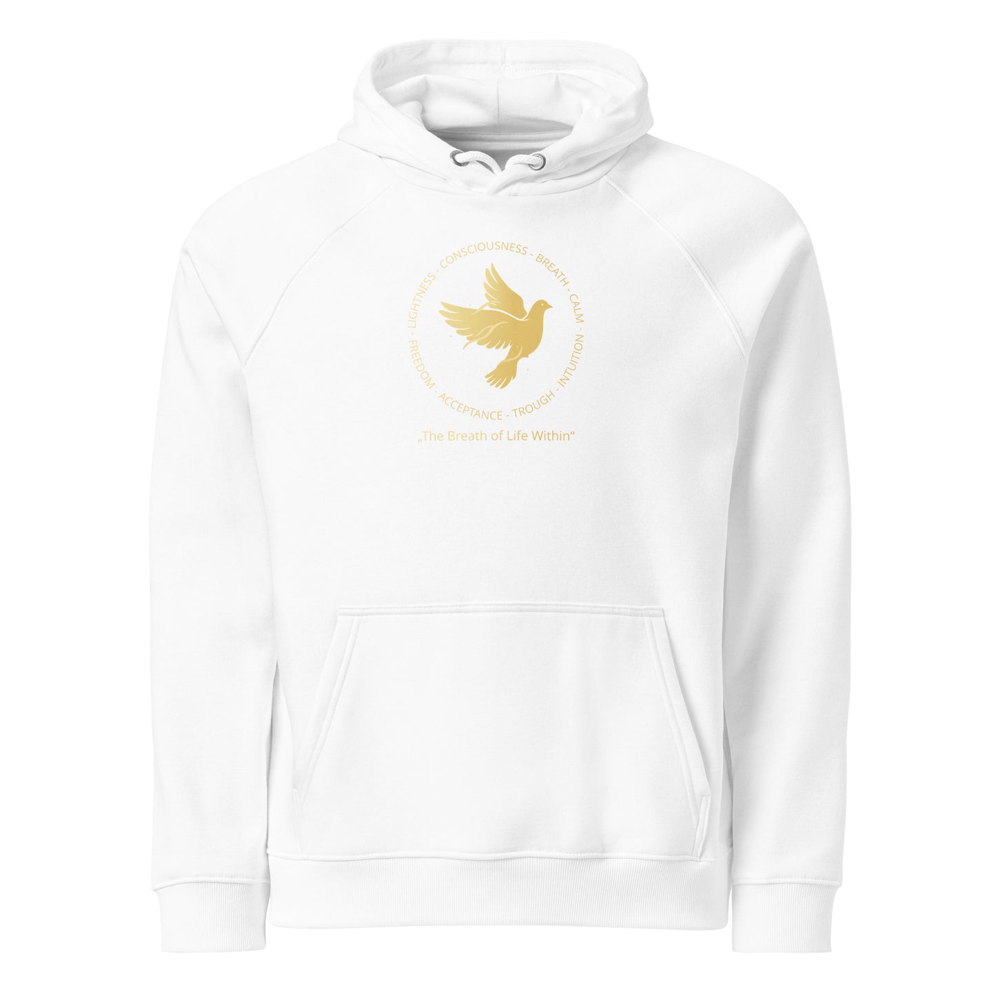 White hoodie with a gold dove design on a white background