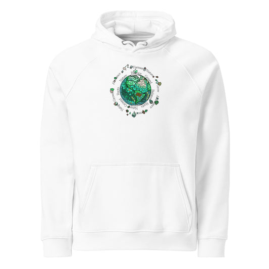 White hoodie with a green Earth design on a white background