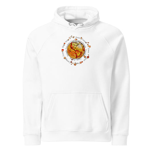 White hoodie with a colorful graphic design on a white background
