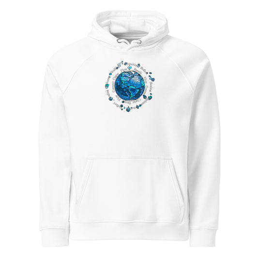 White hoodie with a blue globe design on a white background
