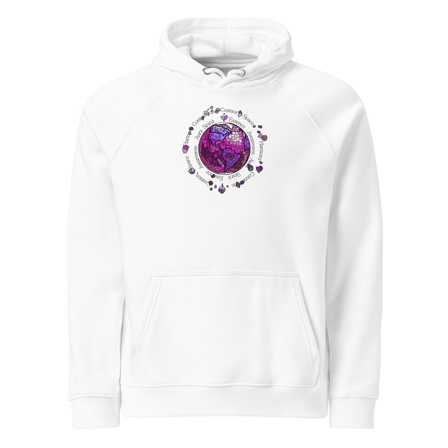 White hoodie with a colorful graphic design on a white background