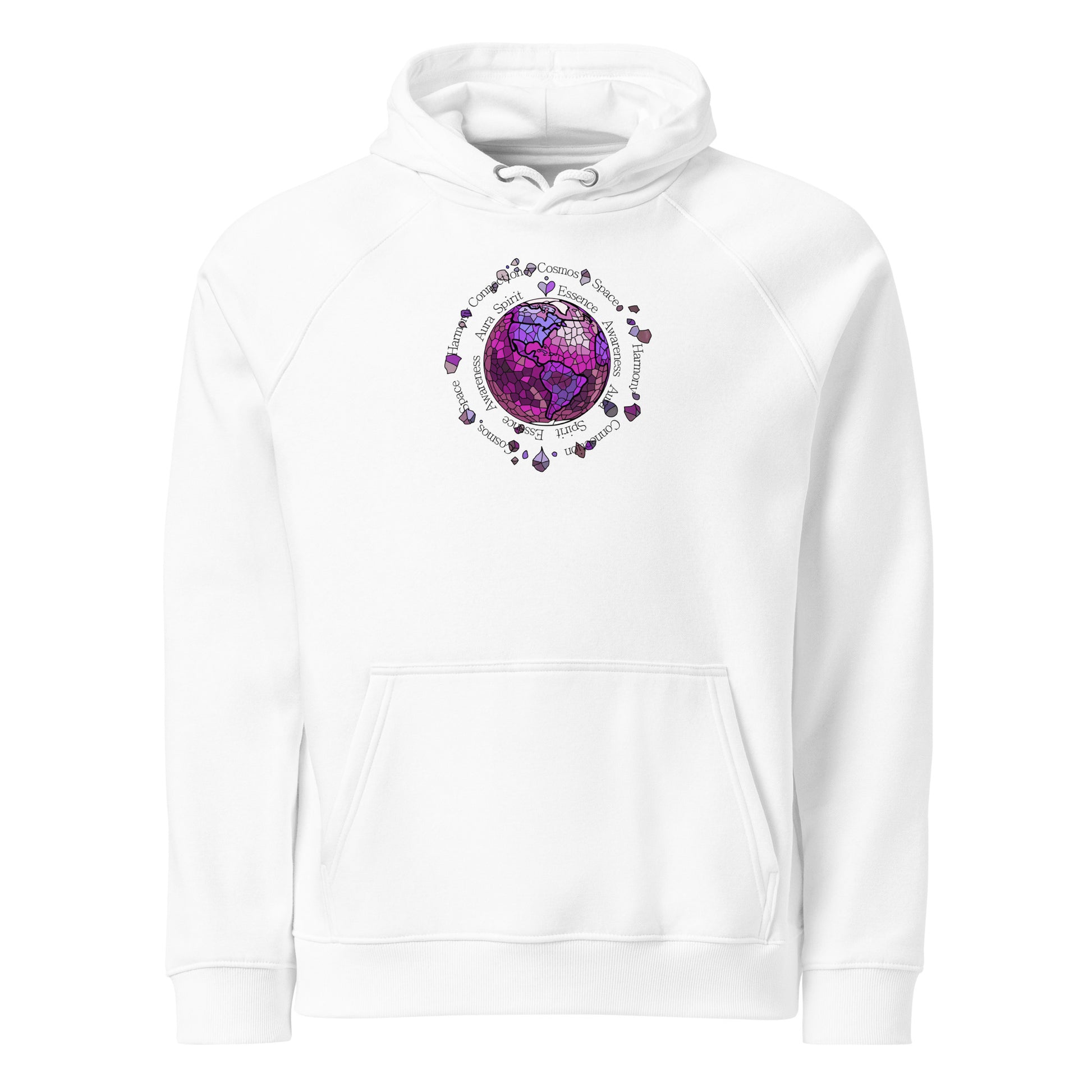 White hoodie with a colorful graphic design on a white background