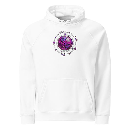 White hoodie with a colorful graphic design on a white background