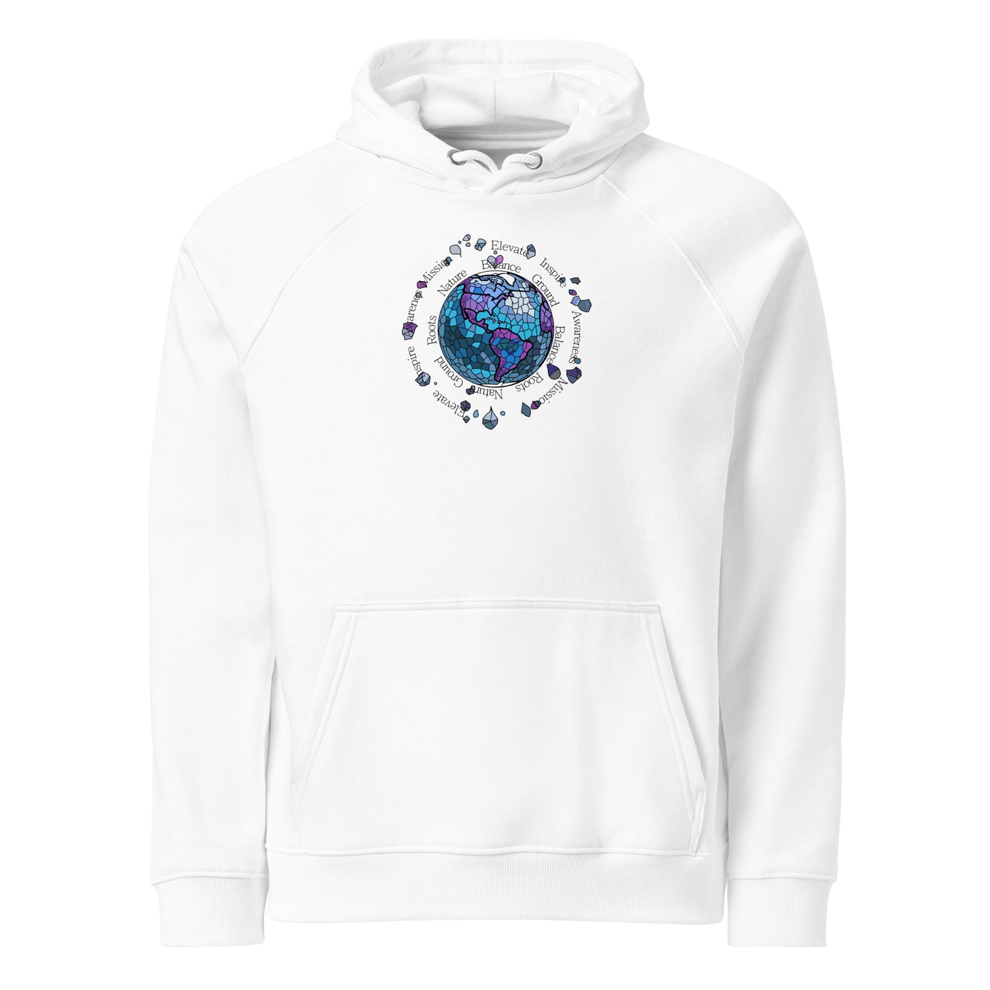 White hoodie with a colorful graphic design on a white background