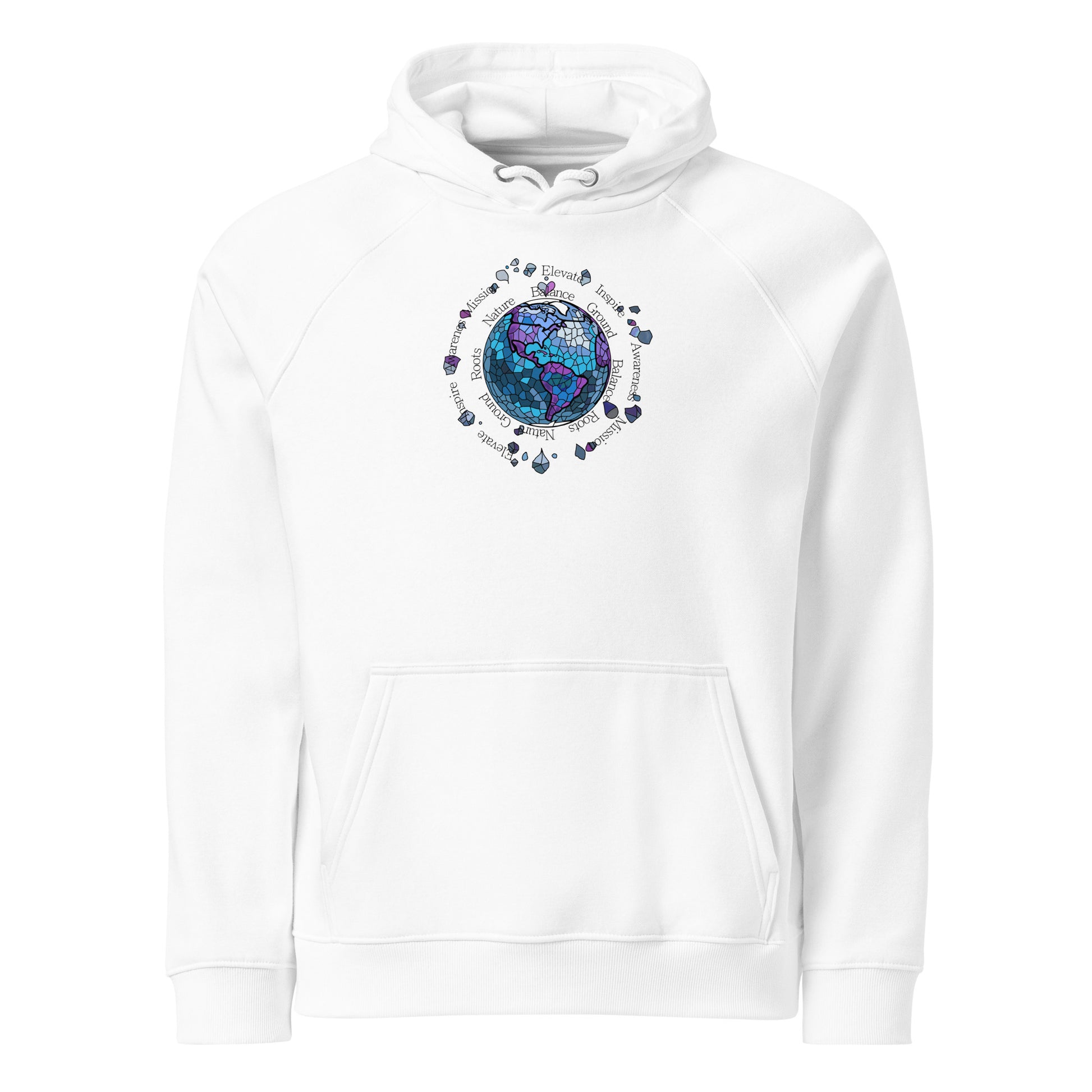 White hoodie with a colorful graphic design on a white background