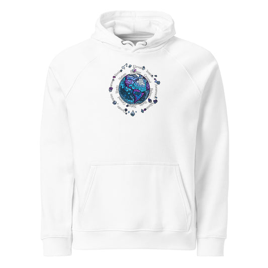 White hoodie with a colorful graphic design on a white background