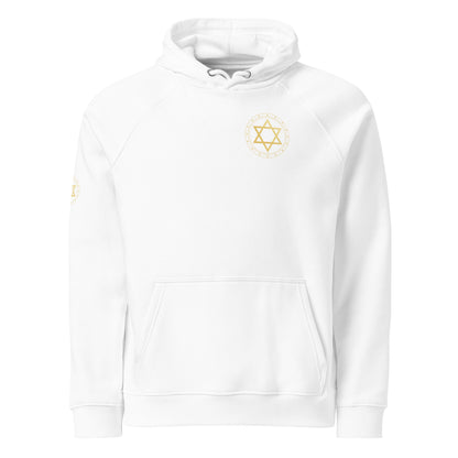 White hoodie with a gold star design on a white background