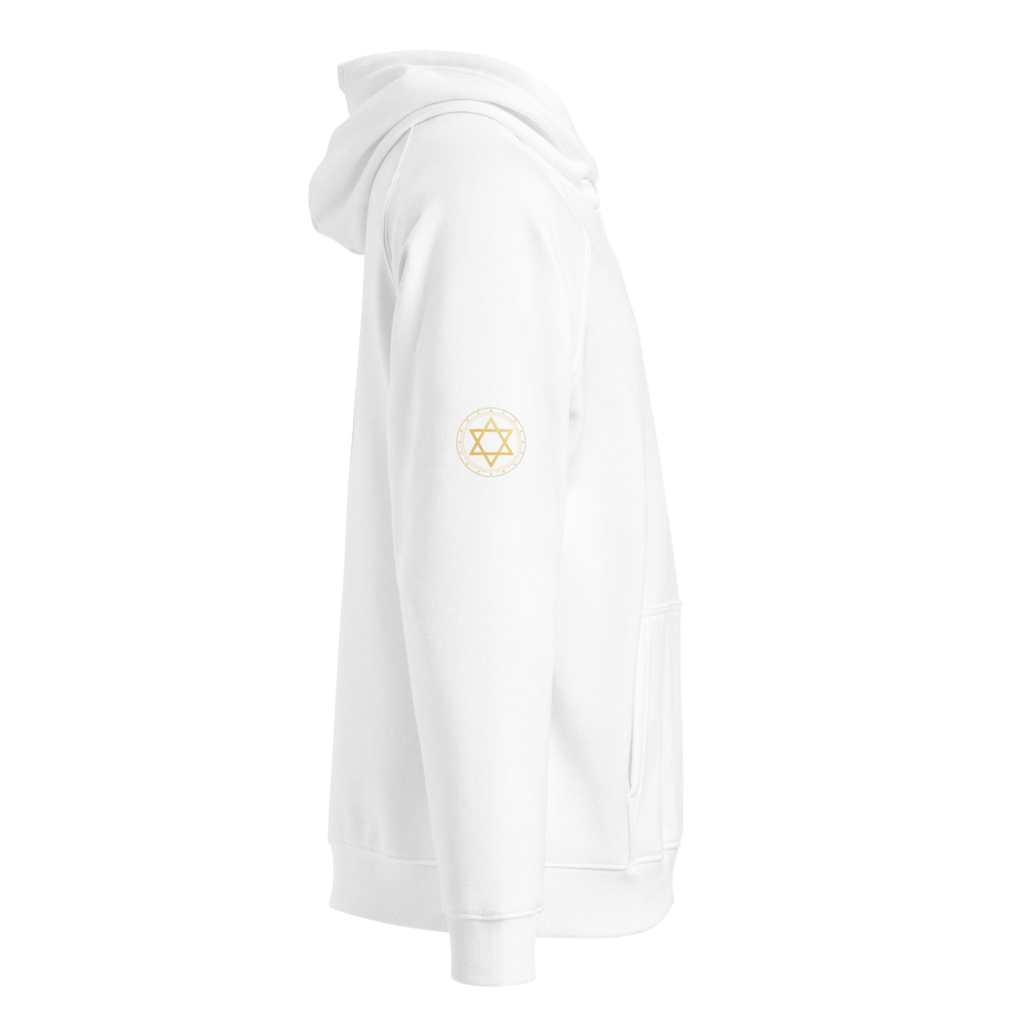 White hoodie with a yellow logo on the chest against a white background