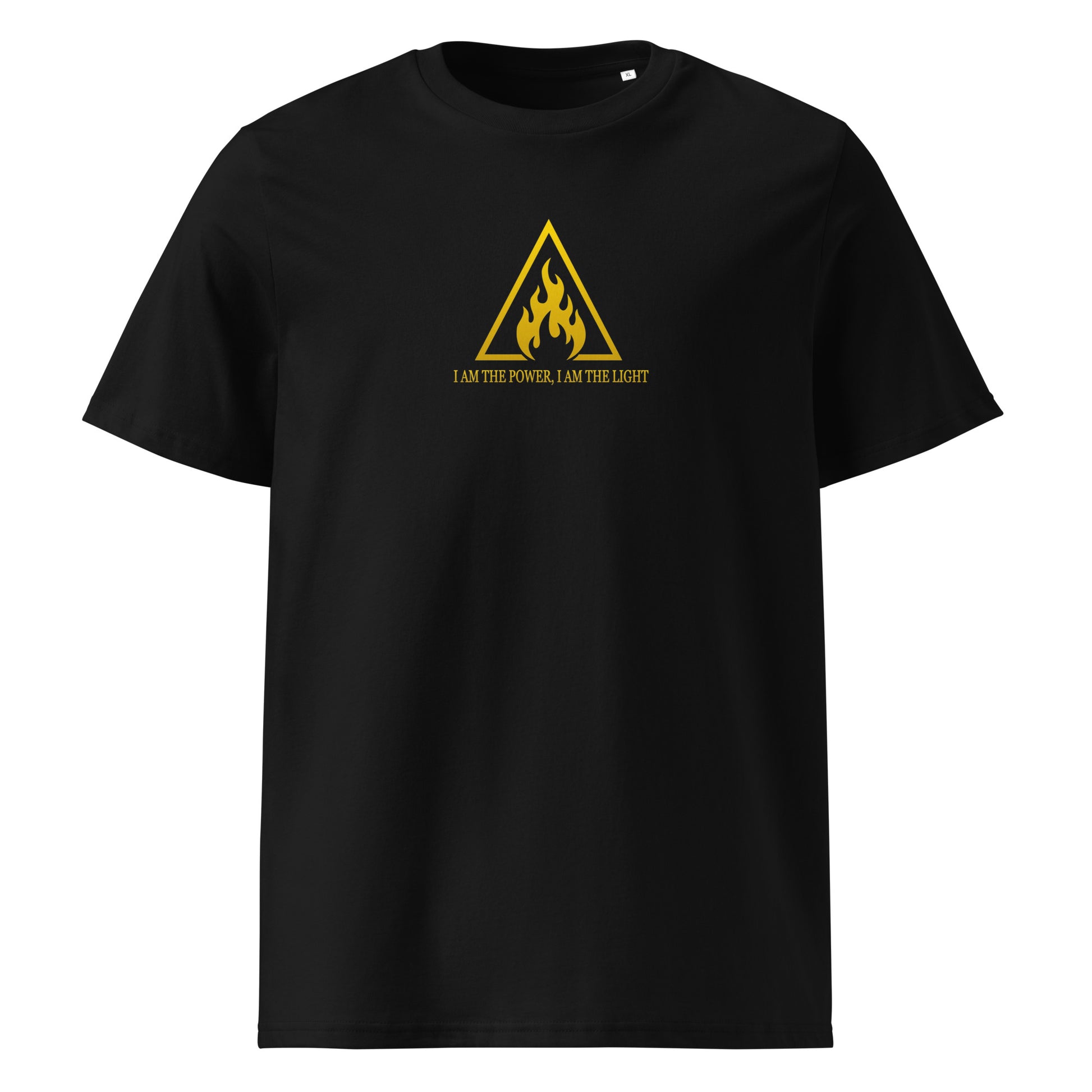 Black t-shirt with yellow triangle design and text on a white background