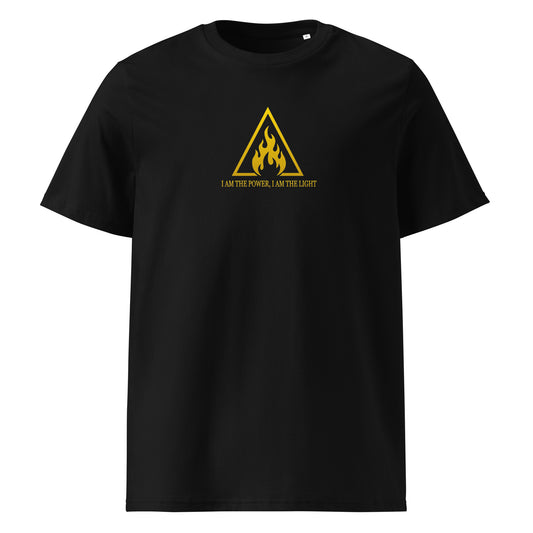 Black t-shirt with yellow triangle design and text on a white background