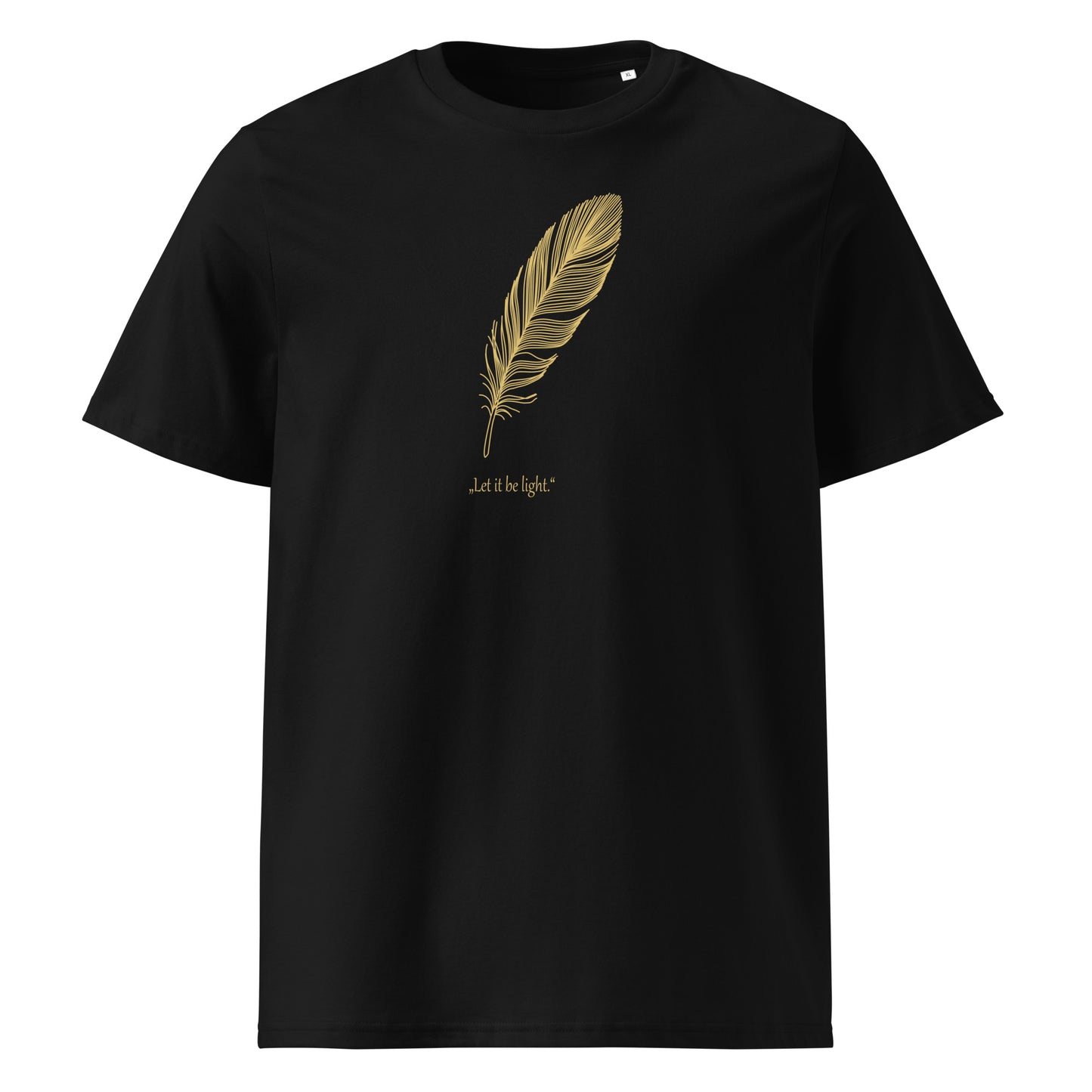 Black t-shirt with a gold feather design on a white background