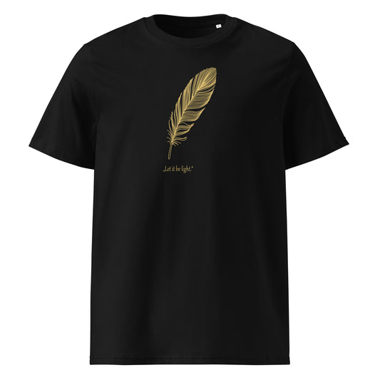 Black t-shirt with a gold feather design on a white background