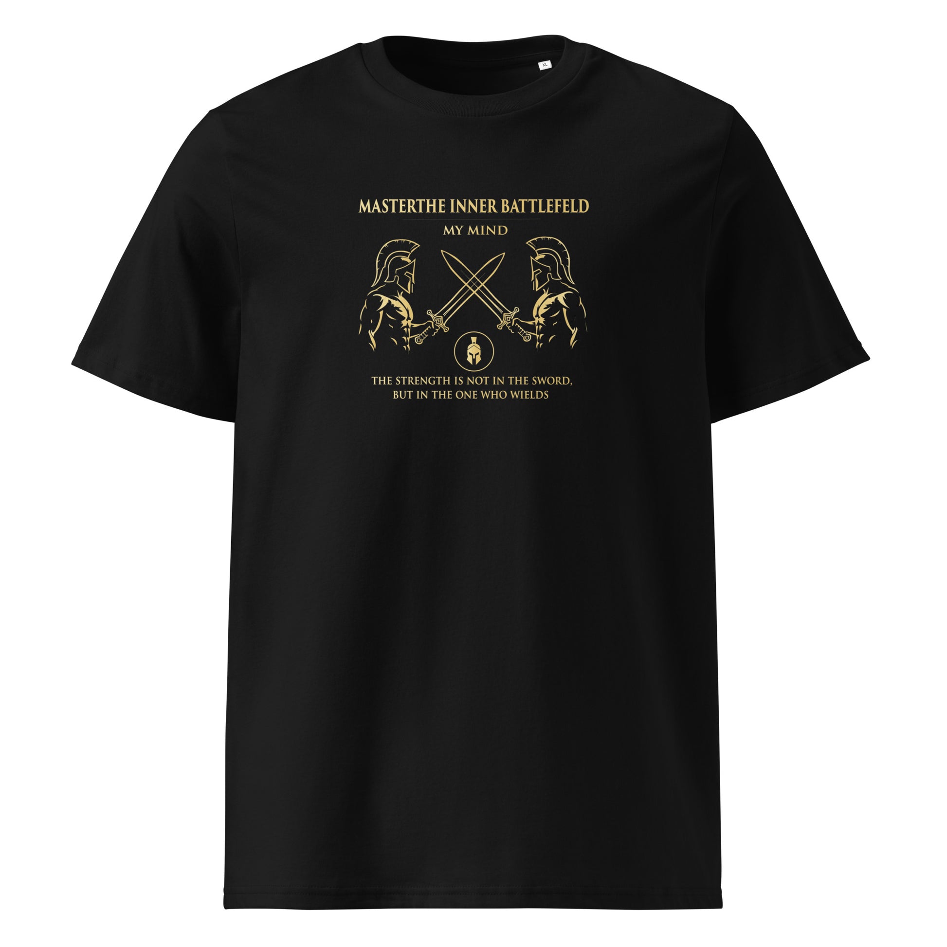 Black t-shirt with gold graphics and text on a white background