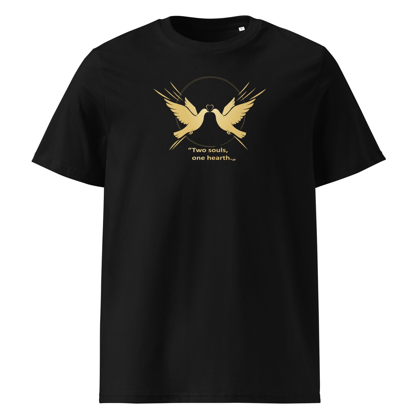 Black t-shirt with gold dove design and text on a white background