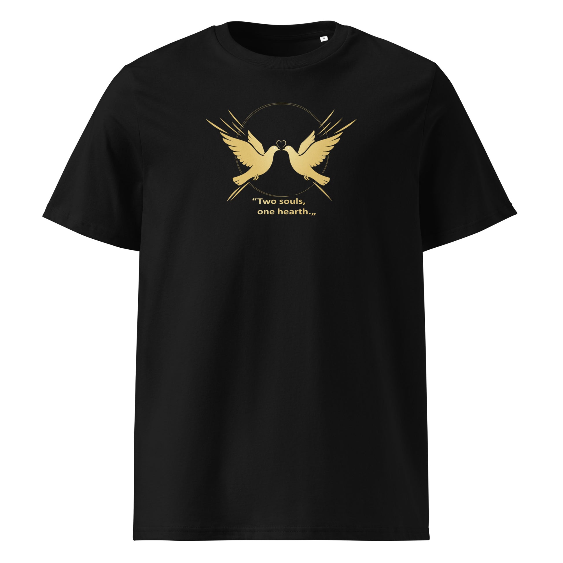 Black t-shirt with gold dove design and text on a white background