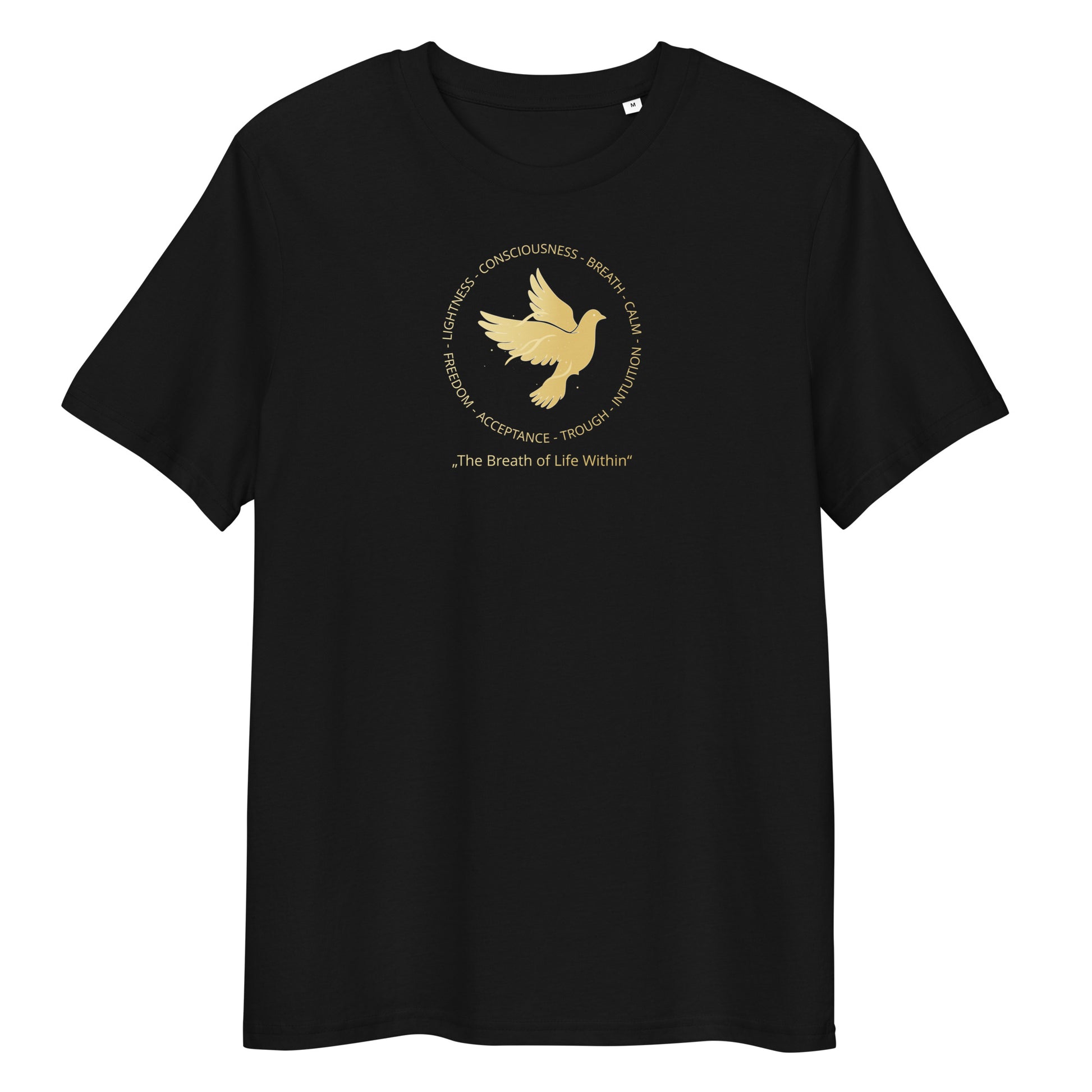 Black t-shirt with a gold dove design and text on a white background