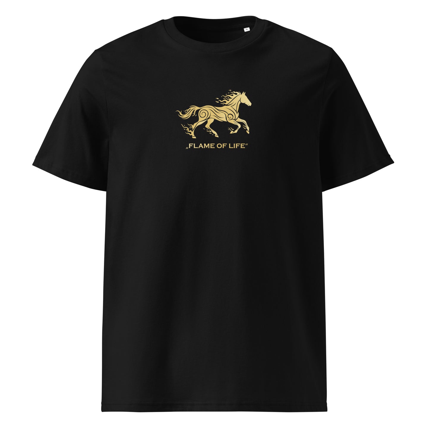 Black t-shirt with gold horse design and 'Flame of Life' text on a white background