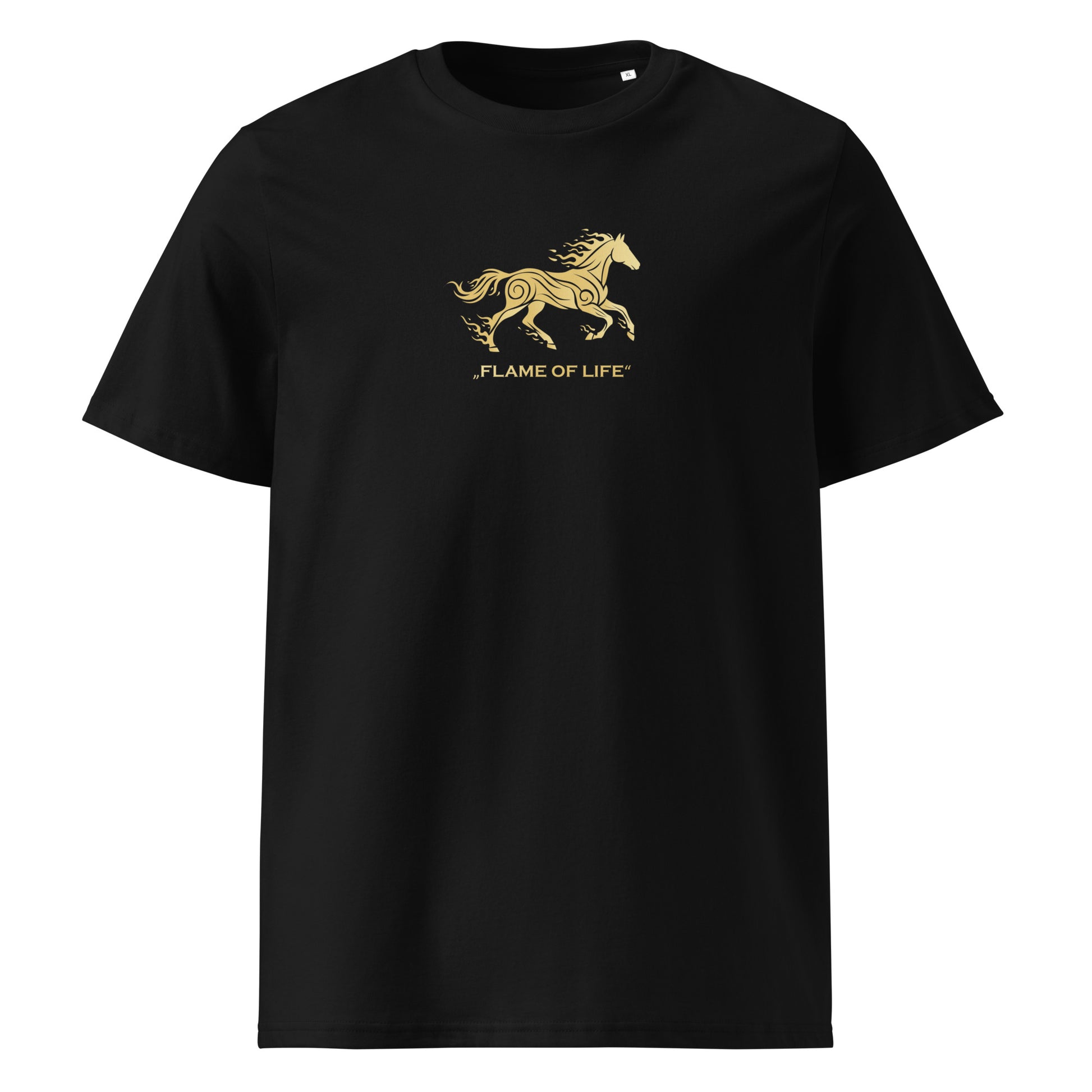 Black t-shirt with gold horse design and 'Flame of Life' text on a white background