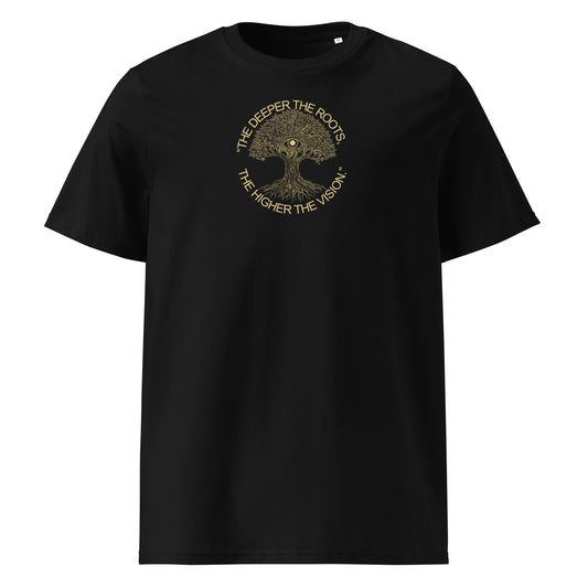 Black t-shirt with gold tree design and text on a white background