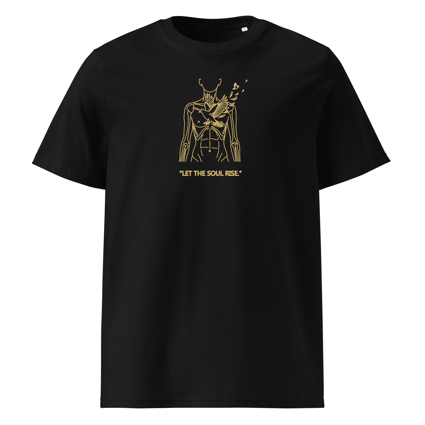 Black t-shirt with gold graphic design and text on a white background