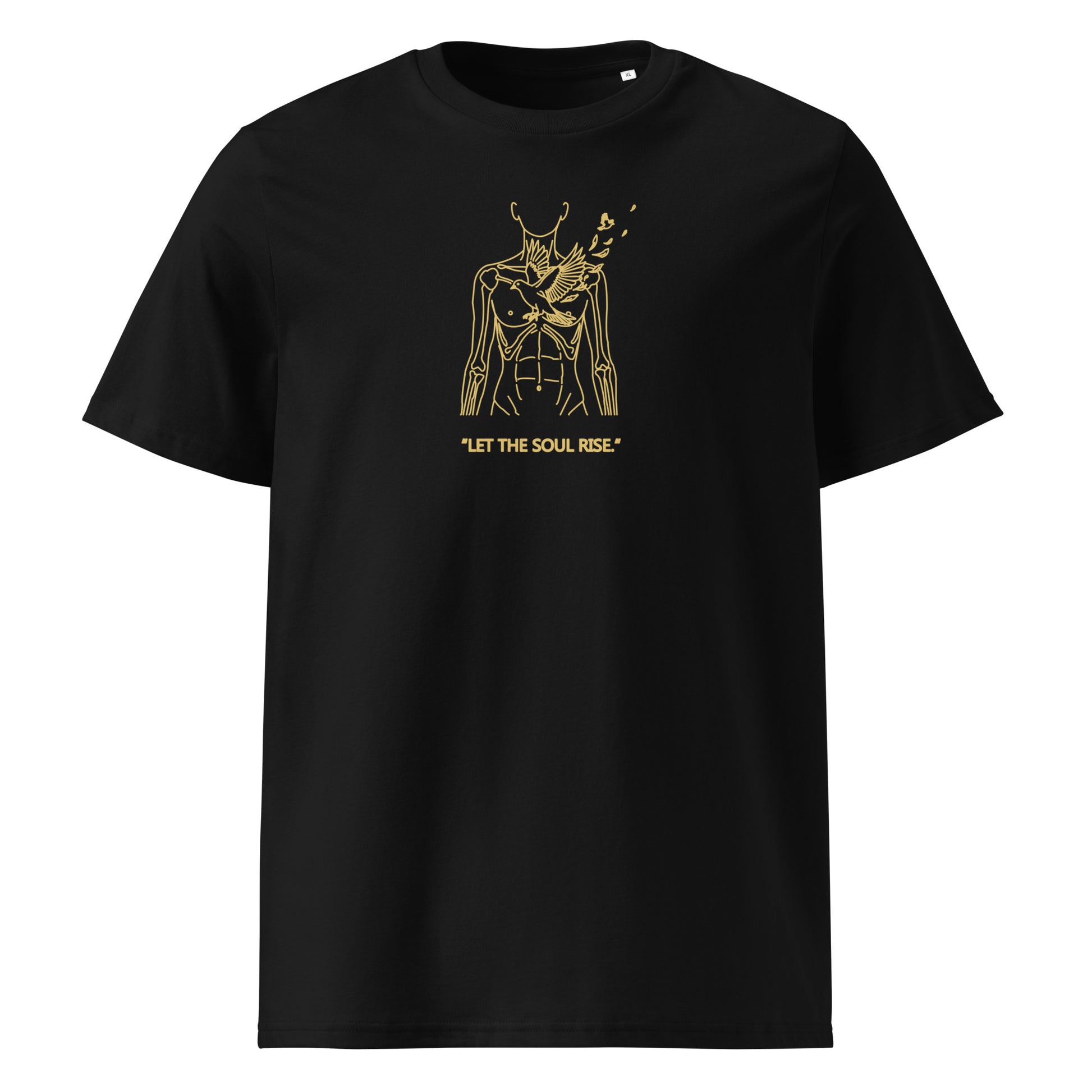 Black t-shirt with gold graphic design and text on a white background