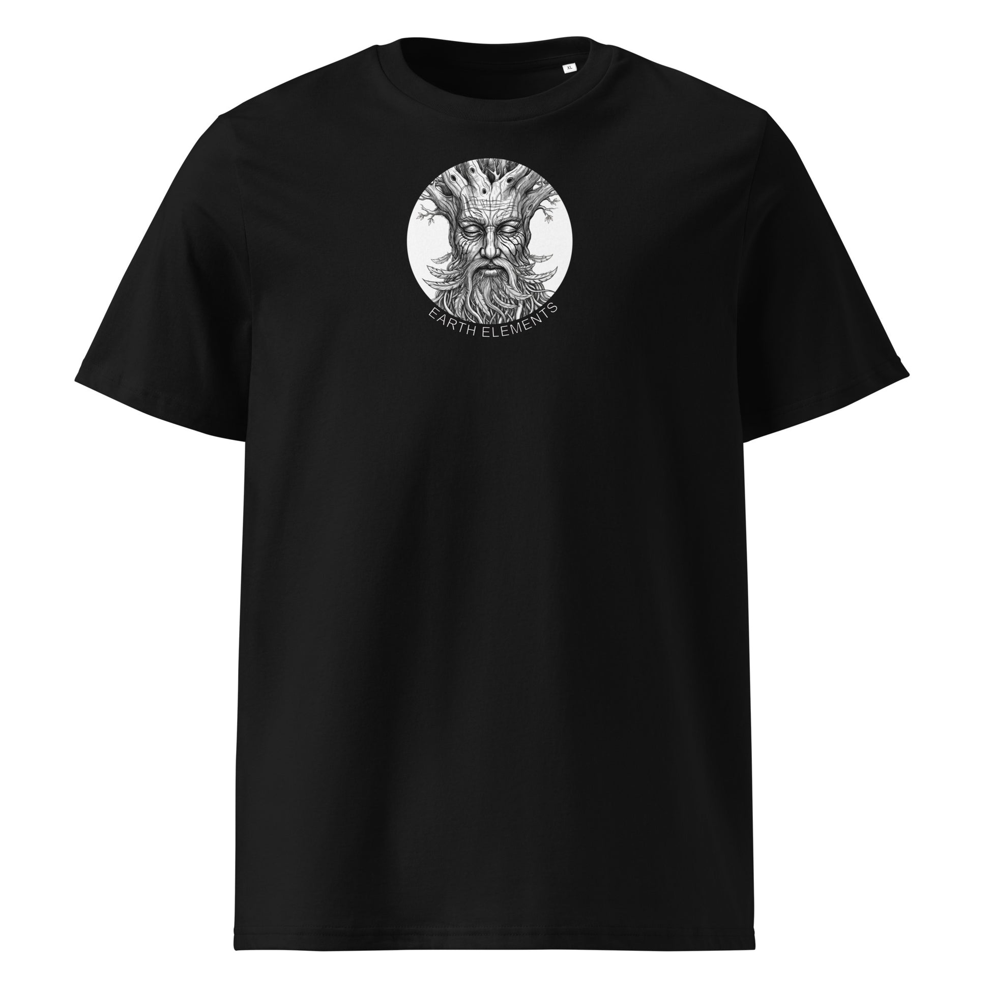 Black t-shirt with a graphic design on a white background
