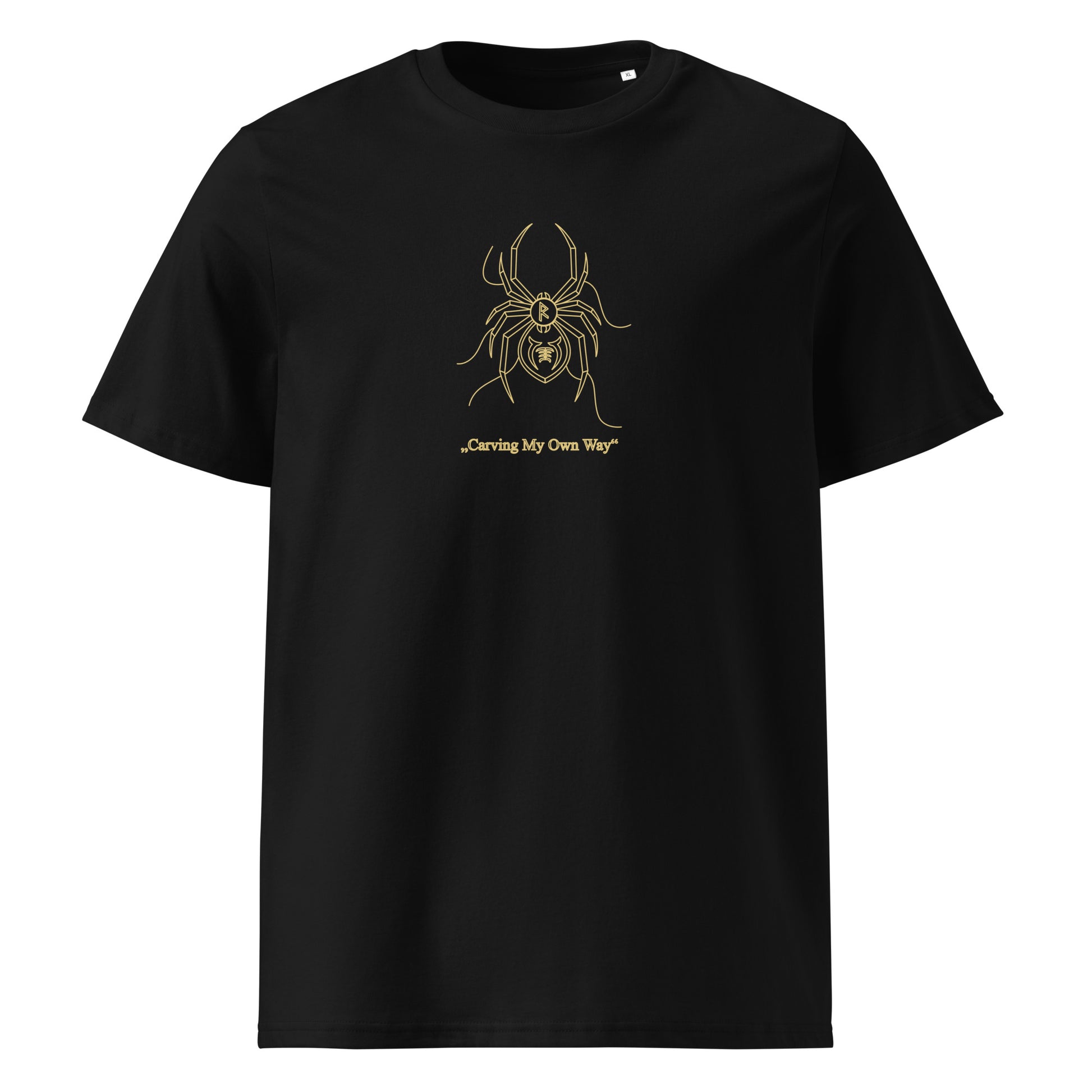 Black t-shirt with a spider graphic and text on a white background
