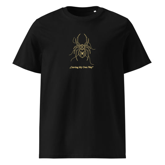 Black t-shirt with a spider graphic and text on a white background