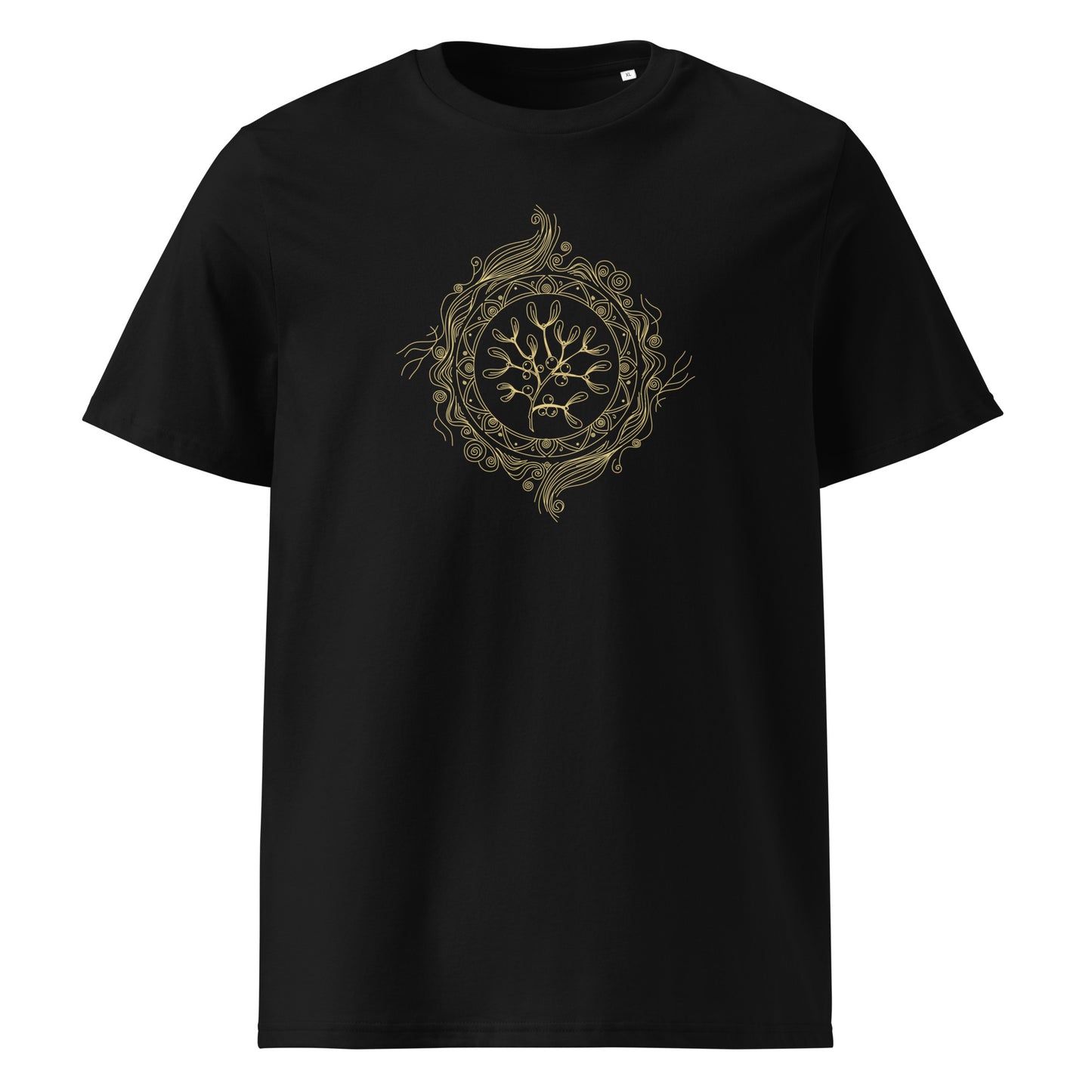 Golden line-art mandala with mistletoe and glowing berries, symbolizing feminine intuition and guardian energy. Elegant, mystical talisman for spiritual t-shirt or apparel.