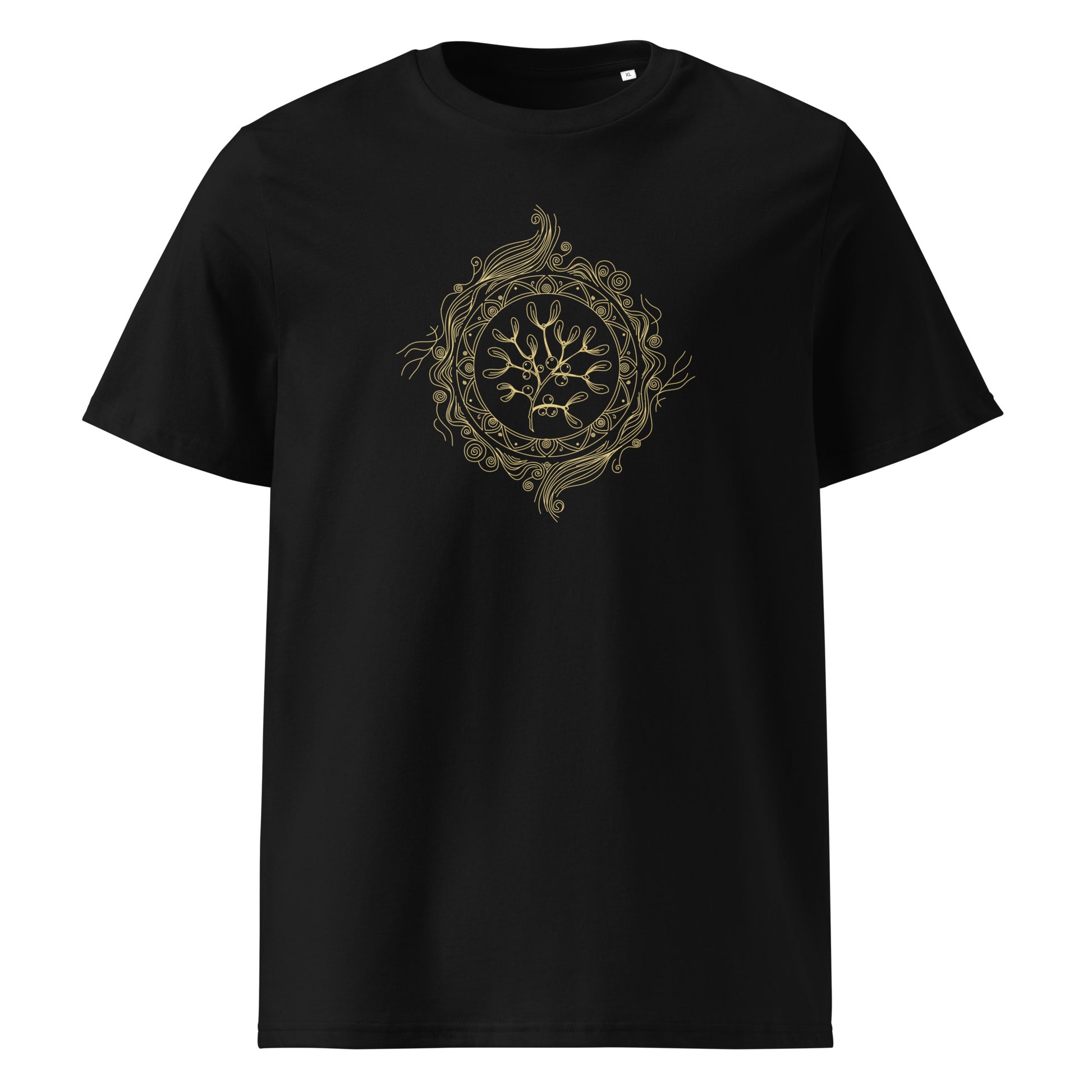 Golden line-art mandala with mistletoe and glowing berries, symbolizing feminine intuition and guardian energy. Elegant, mystical talisman for spiritual t-shirt or apparel.