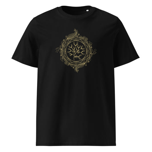 Golden line-art mandala with mistletoe and glowing berries, symbolizing feminine intuition and guardian energy. Elegant, mystical talisman for spiritual t-shirt or apparel.