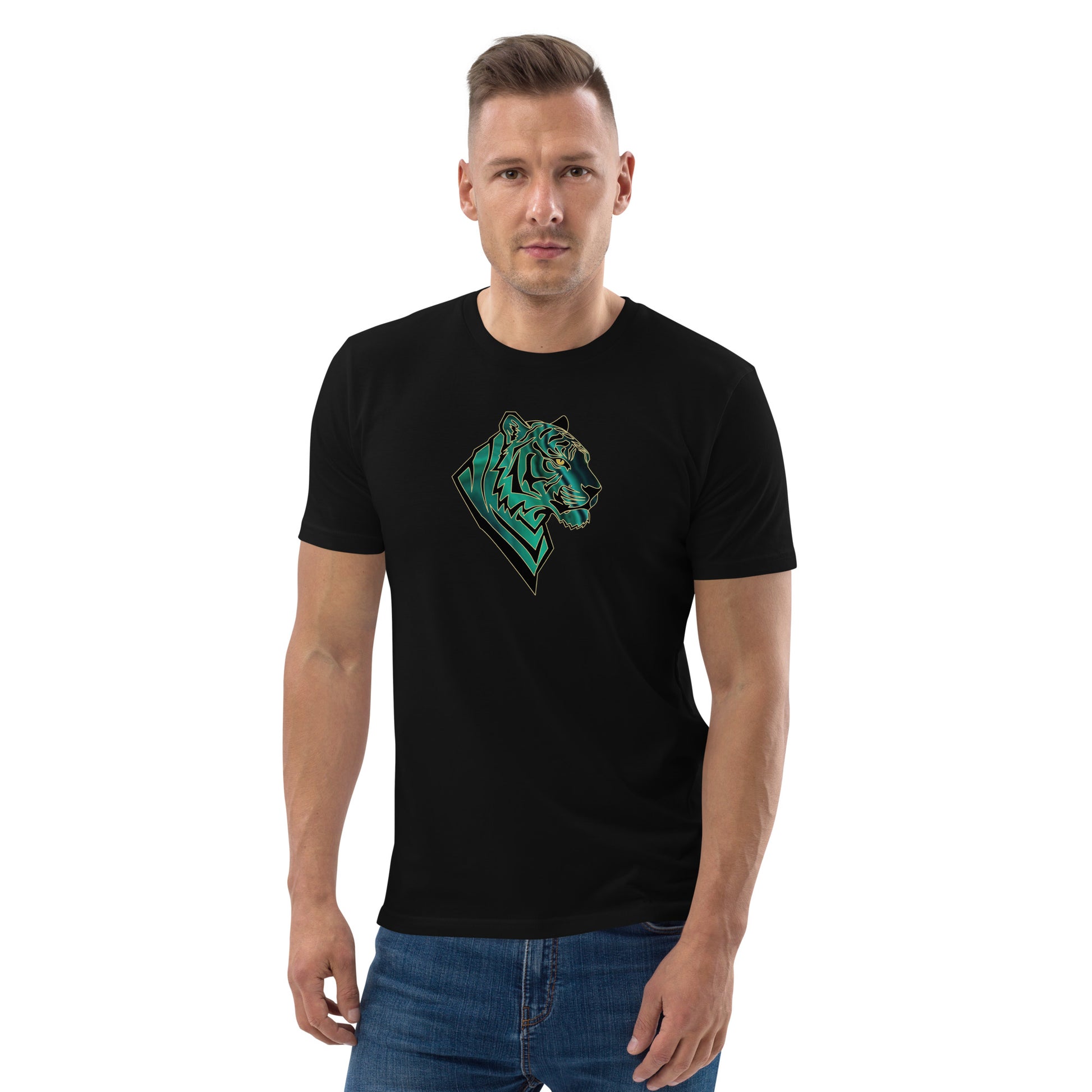 Man wearing a black t-shirt with a green tiger graphic on a white background