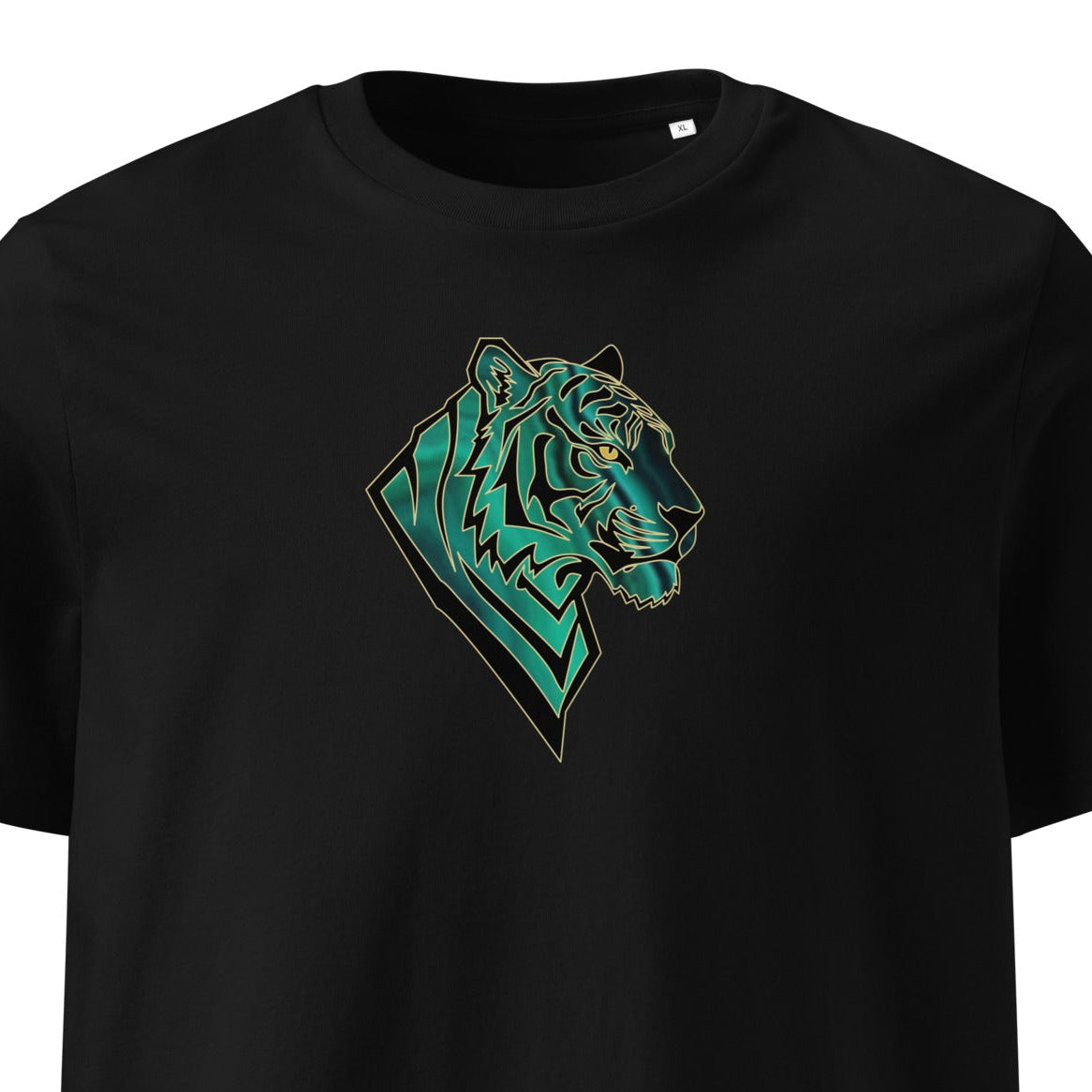 Close up detail of Malachite Tiger print on organic cotton t-shirt