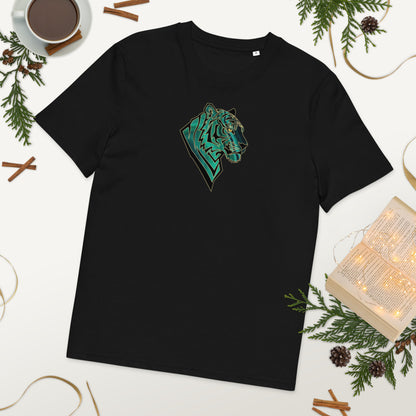 Black t-shirt with a malachite  tiger graphic on a decorative surface with a cup of coffee and books.