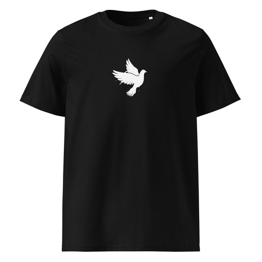 Black t-shirt with vision 2026 white Dove. Symbol of silent authority and spiritual freedom. Pure white graphic on a premium black background.