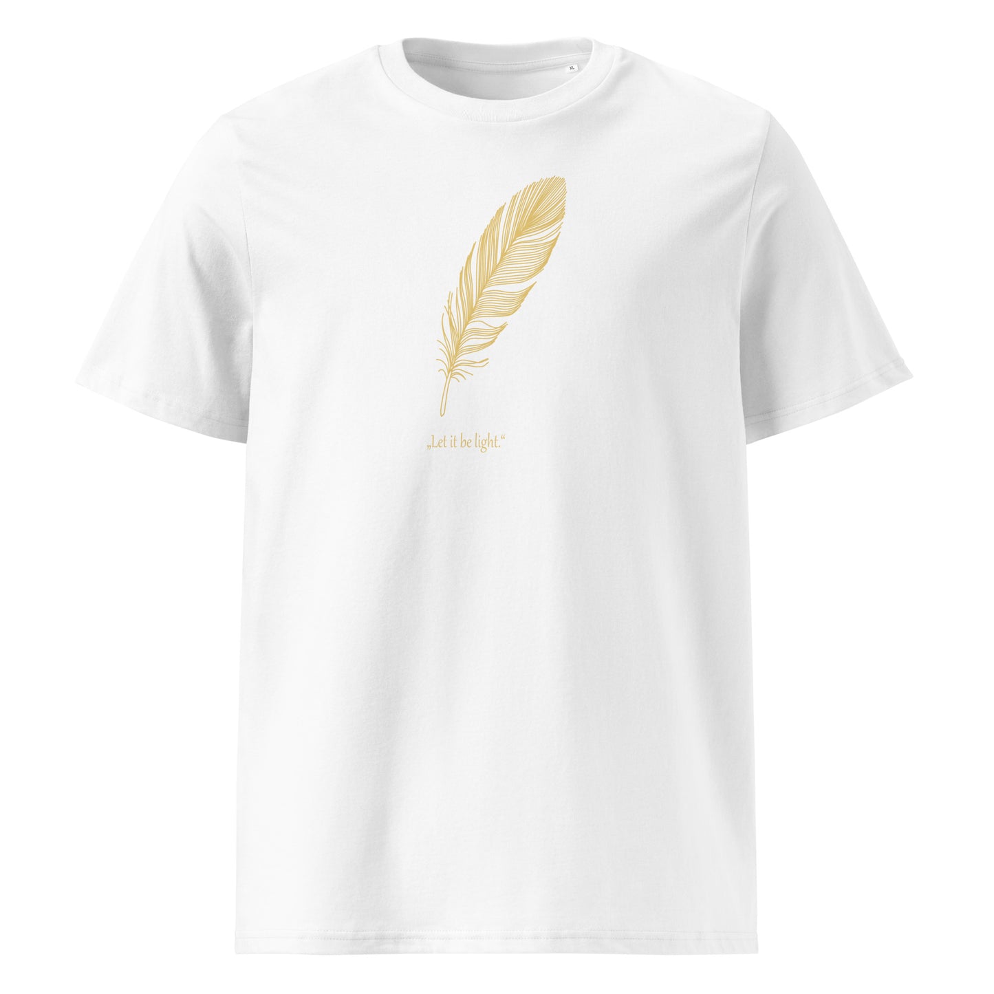 White t-shirt with a gold feather design on a white background