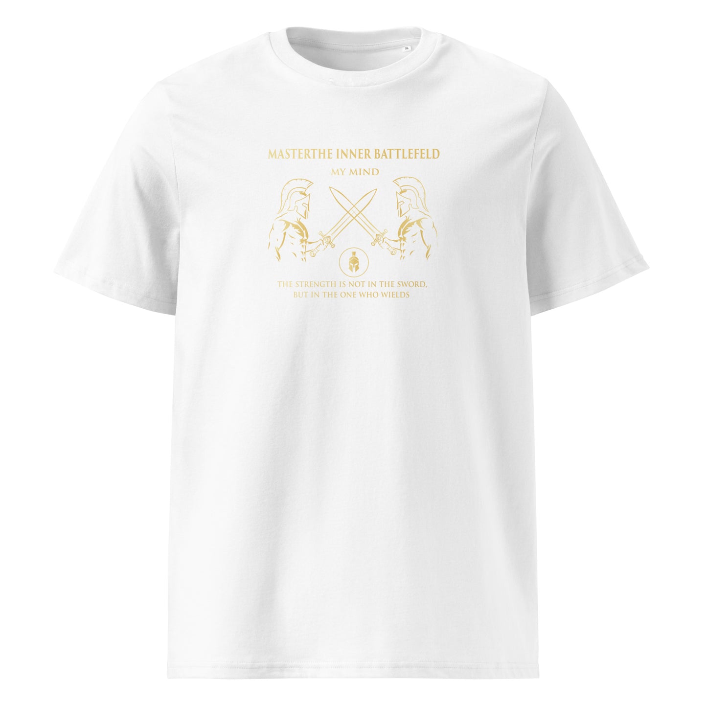 White t-shirt with gold graphic and text on a white background