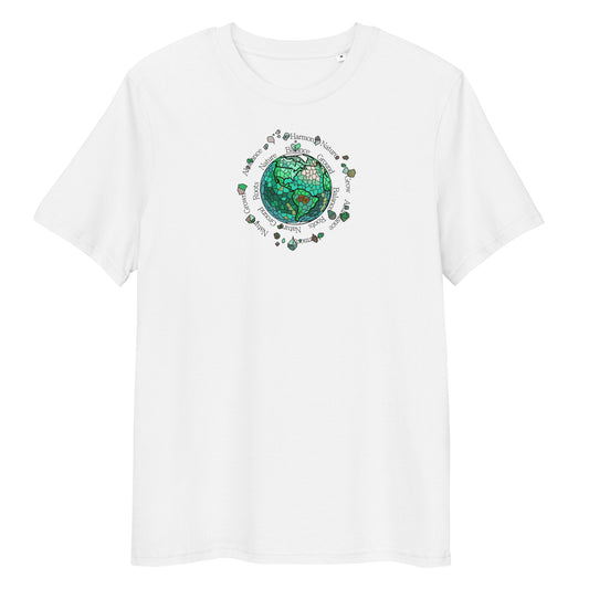 White t-shirt with a green graphic design on a white background