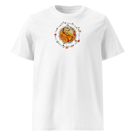 White t-shirt with a colorful graphic design on a white background