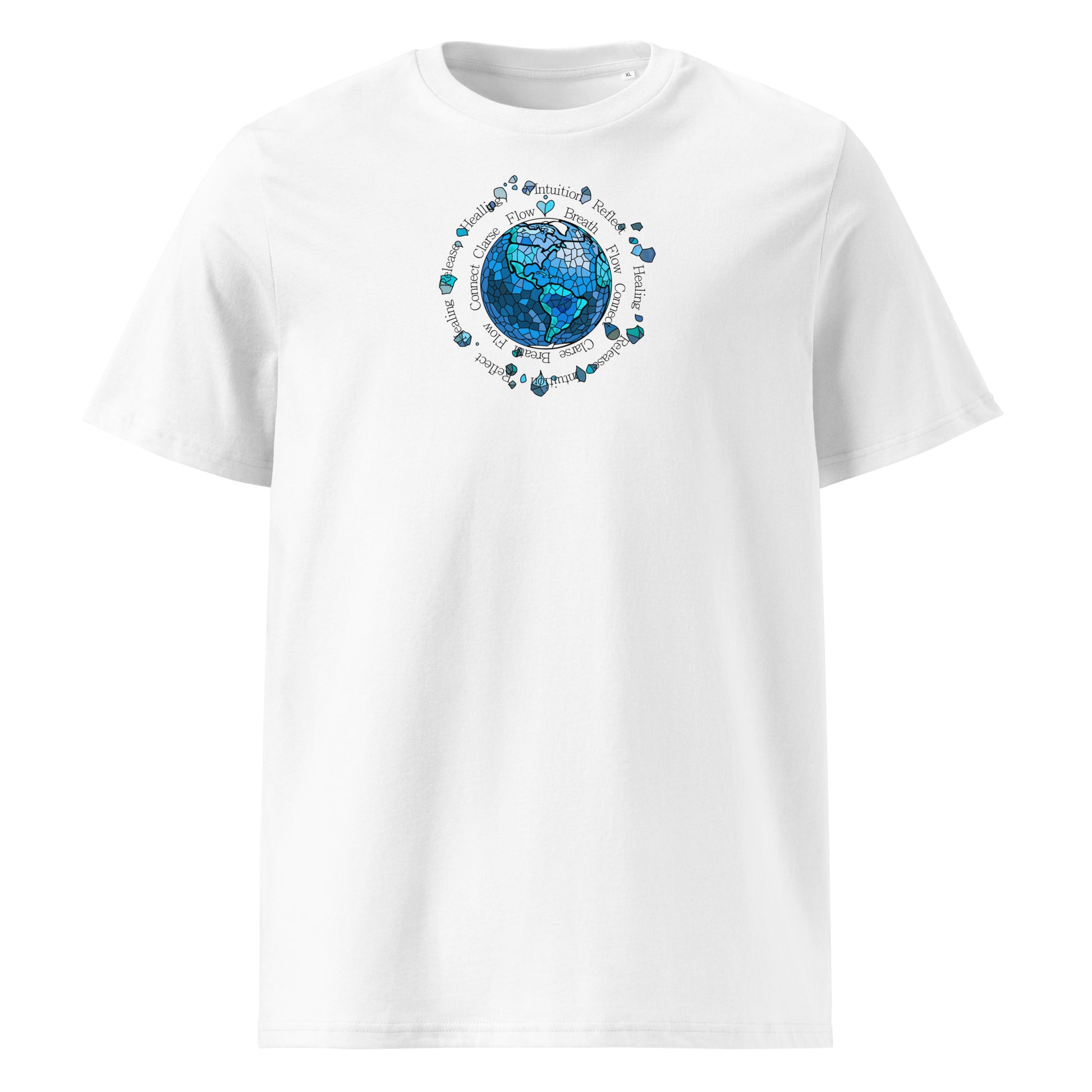 White t-shirt with a blue and green graphic design on a white background